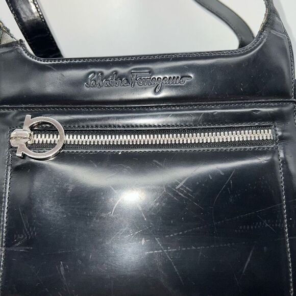 Salvatore Ferragamo Gancini Black Nylon and Patent Leather Shoulder Bag - Picture 2 of 16